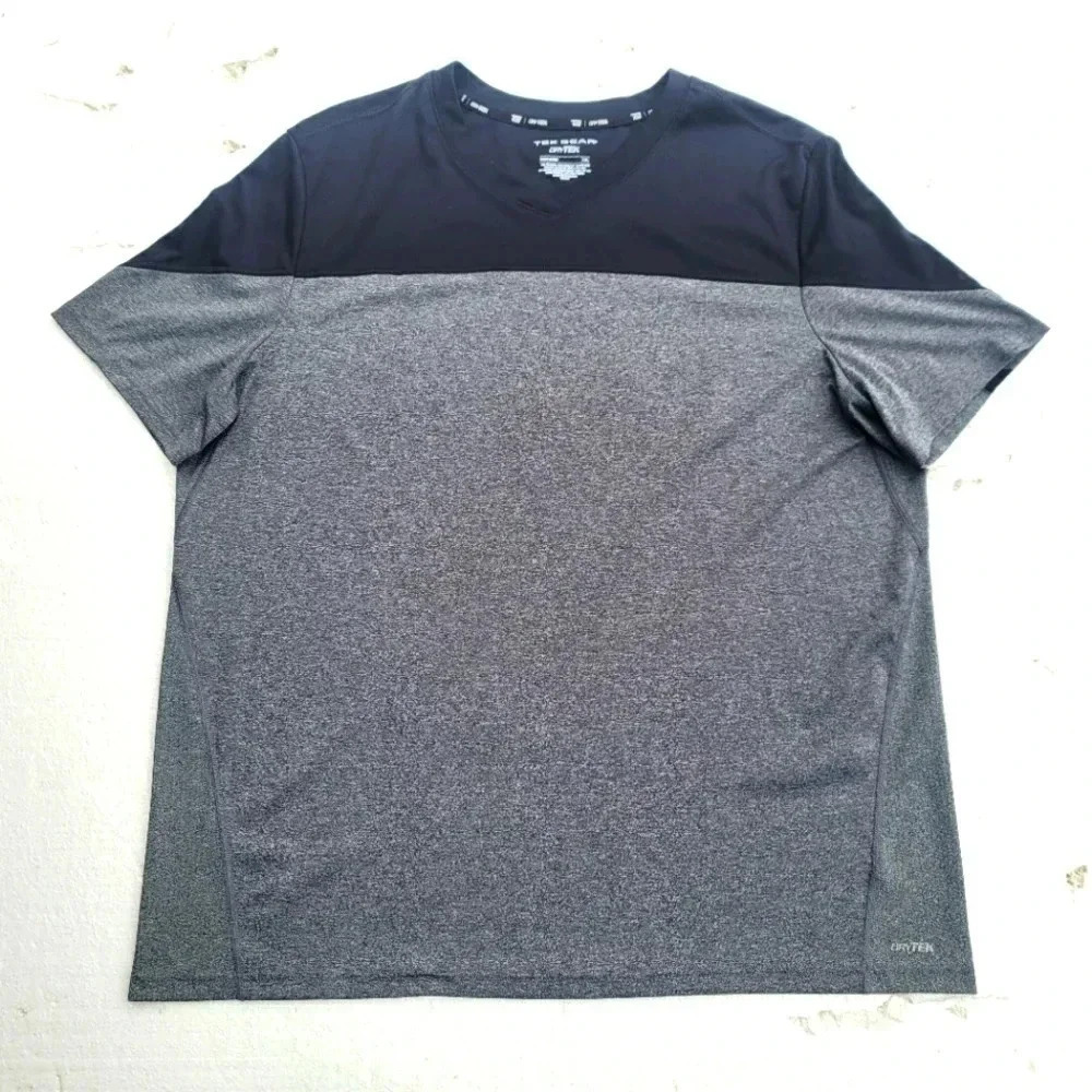 Tek Gear Mens Dry Tek Athletic T Shirt Size XXL Gray Black Stretch Top V-Neck